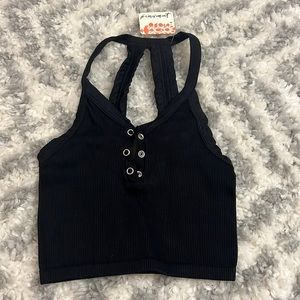 Free People Black Ribbed Lace-Up Racerback Crop Top